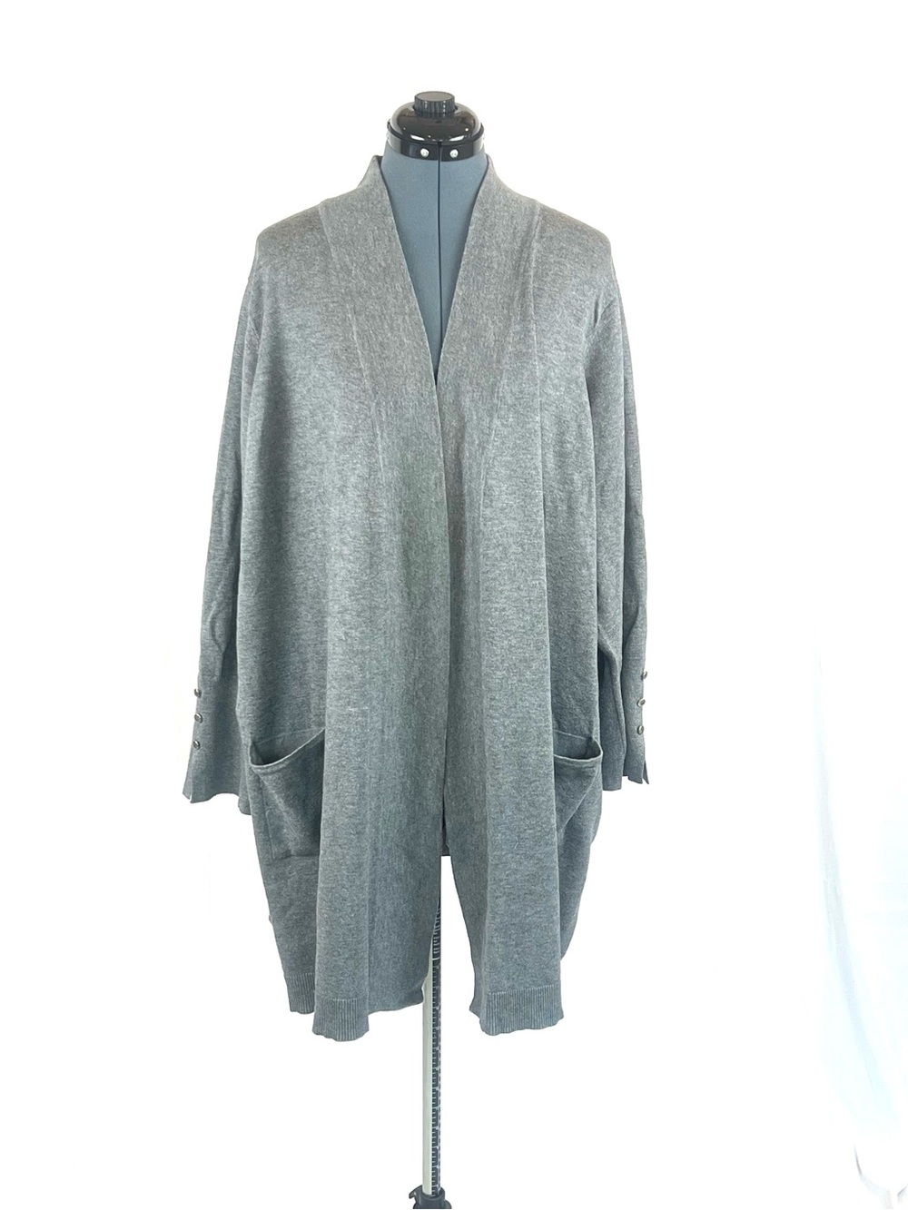 Avenue Plus 26/28 Gray Open Front Knit Cardigan Sweater Pockets 943